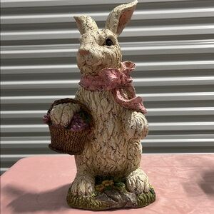 Rustic Cream Bunny Figurine with Pink Scarf & Basket